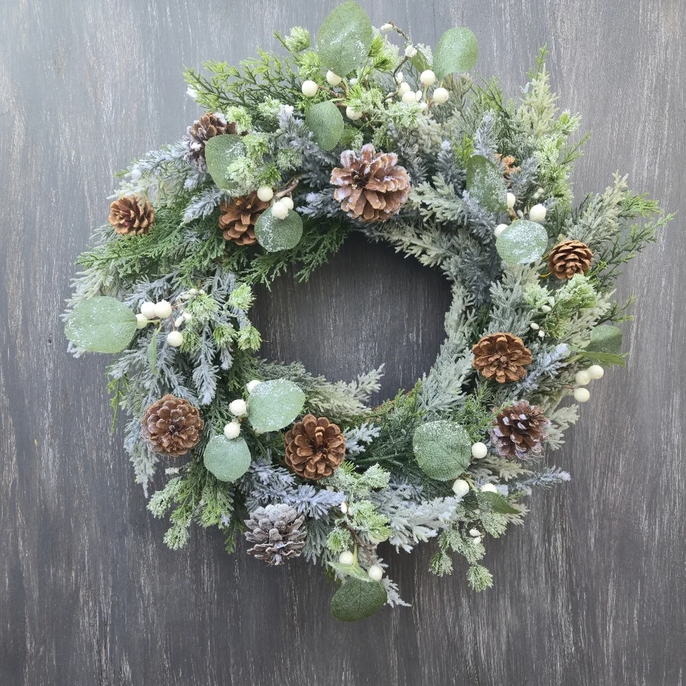 Handmade lush, artificial Winter Greenery Wreath With White And Brown Accents